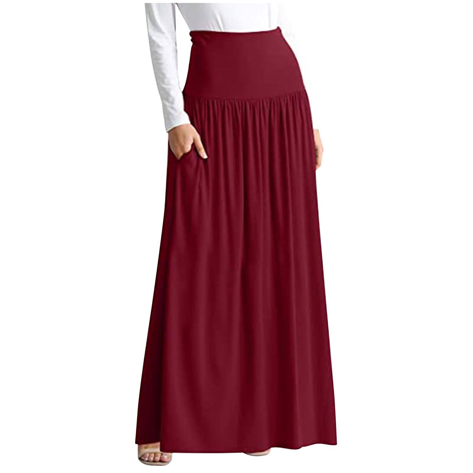 Casual Maxi Skirts for Women Plus Size, Summer Flowy Swing A-Line Skirt with Poc