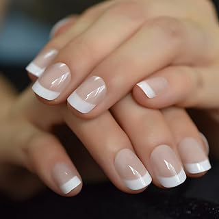 Shiny Beige Nude Press On Nail French Tip Fake Nail Short Fake Nail Manicure Kit for Women Girls