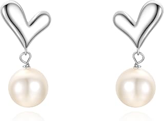 Silver Pearl Drop Earrings for Women,Young Heart Dangle Earrings