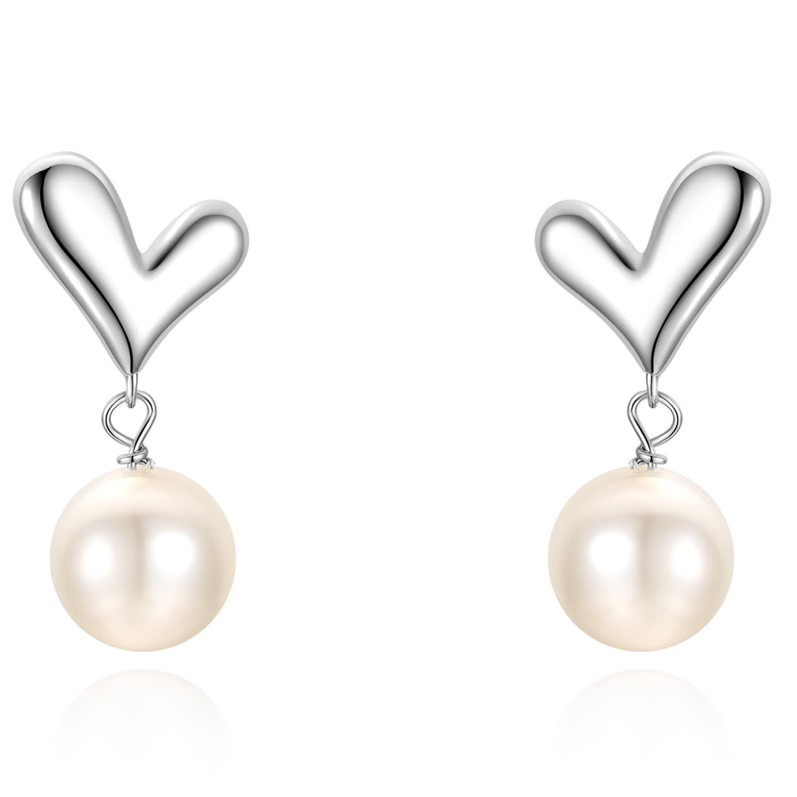 Silver Pearl Drop Earrings for Women,Young Heart Dangle Earrings