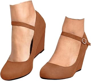 Coutgo Womens Wedge Pumps Elegant Mary Jane Shoes Comfortable Closed Toe Ankle Strap