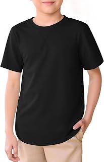 Haloumoning Boys Short Sleeve Shirts Kids Summer Crewneck Curve Hem Tunic Tops Basic tees 5-14 Years