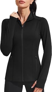 PINSPARK Women's Athletic Jackets Slim Fit Workout Jacket Full Zip Up | Gym Running Jackets with Zipper Pockets, Thumb Holes, Long Sleeve Yoga Sports Top