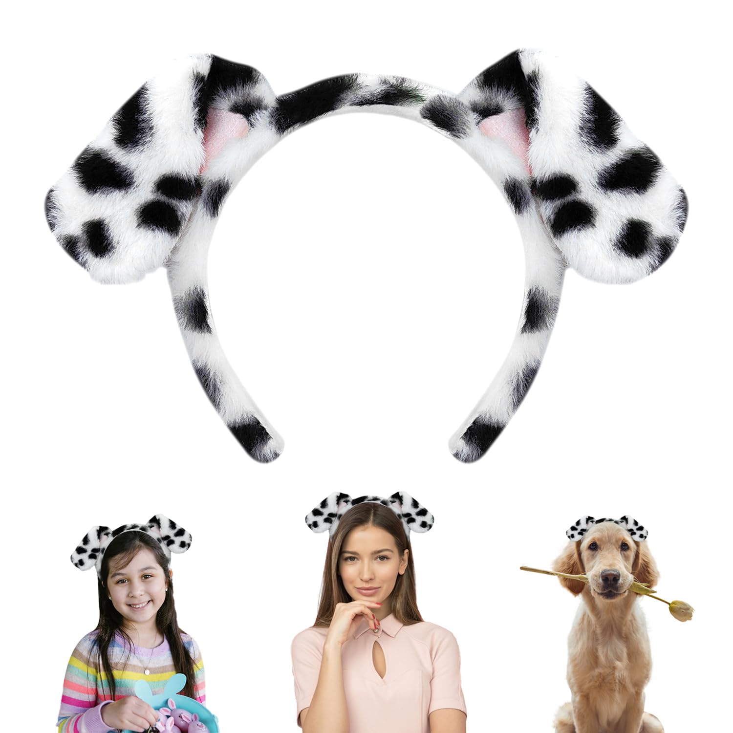 Beviliu Dalmatian Dog Ears Headband - Realistic Puppy Hairband Fluffy Adult Dogs