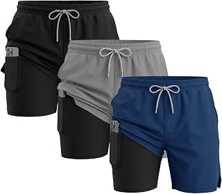 3 Pack Men's Running Shorts with Compression Liner - 5" Gym Athletic Workout Shorts for Men with Zipper Pockets