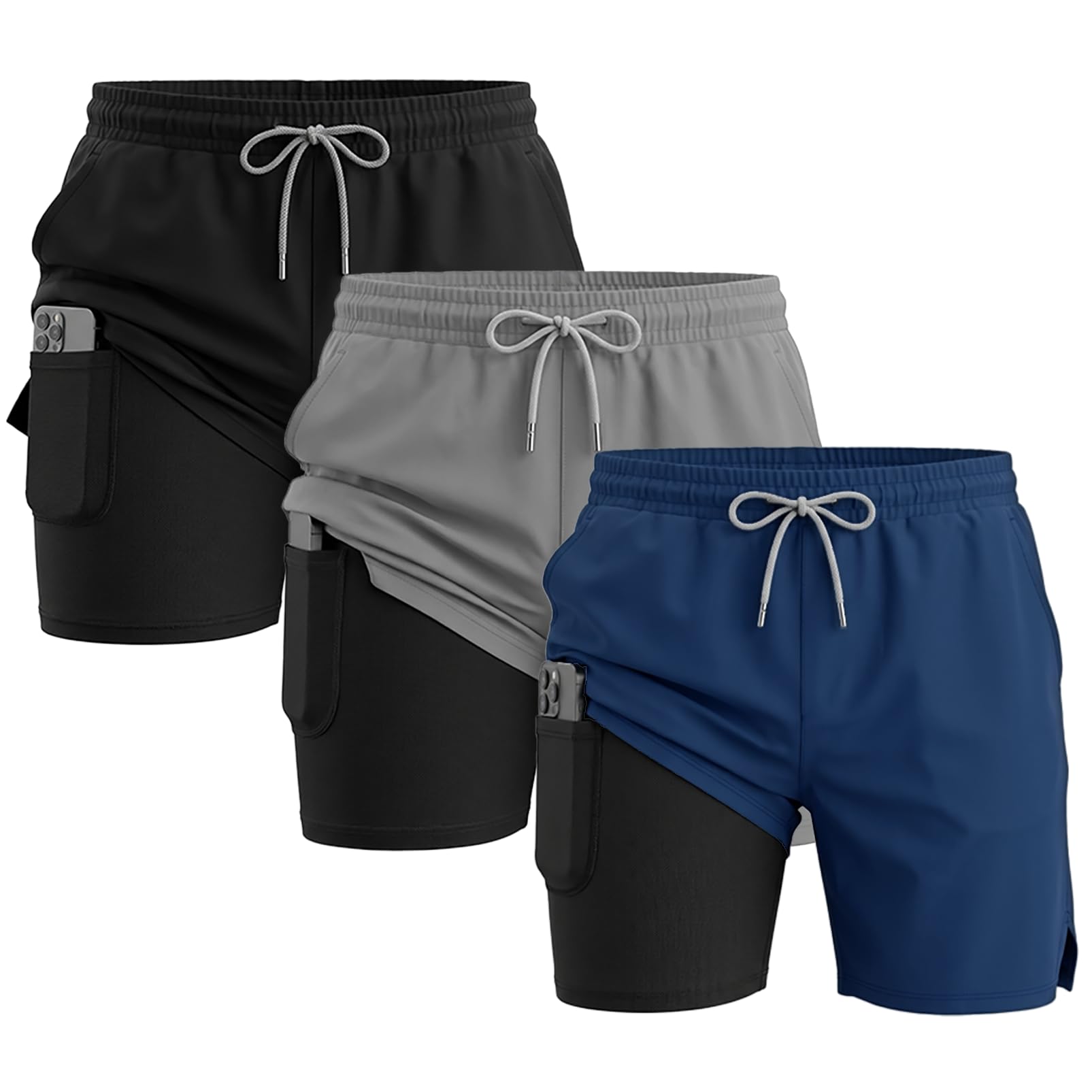 3 Pack Men's Running Shorts with Compression Liner - 5" Gym Athletic Workout Sho