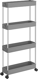 SONGMICS Slim Storage Cart, 4-Tier Rolling Cart, Narrow Utility Cart on Wheels, 6 Hooks, 360° Swivel Wheels, Lockable, Steel Frame, Bathroom, Kitchen, Office, Dove Gray UKSC008G01