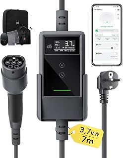 dé Electric Car Charger App 3.7 kW 23 ft 6-16 A Adjustable Type 2 Schuko | Plug & Play with LCD Display, IP66 and DDR Type A 30mA AC+ 6mA DC, Electric Car Charging Cable for EV/PHEV, Black