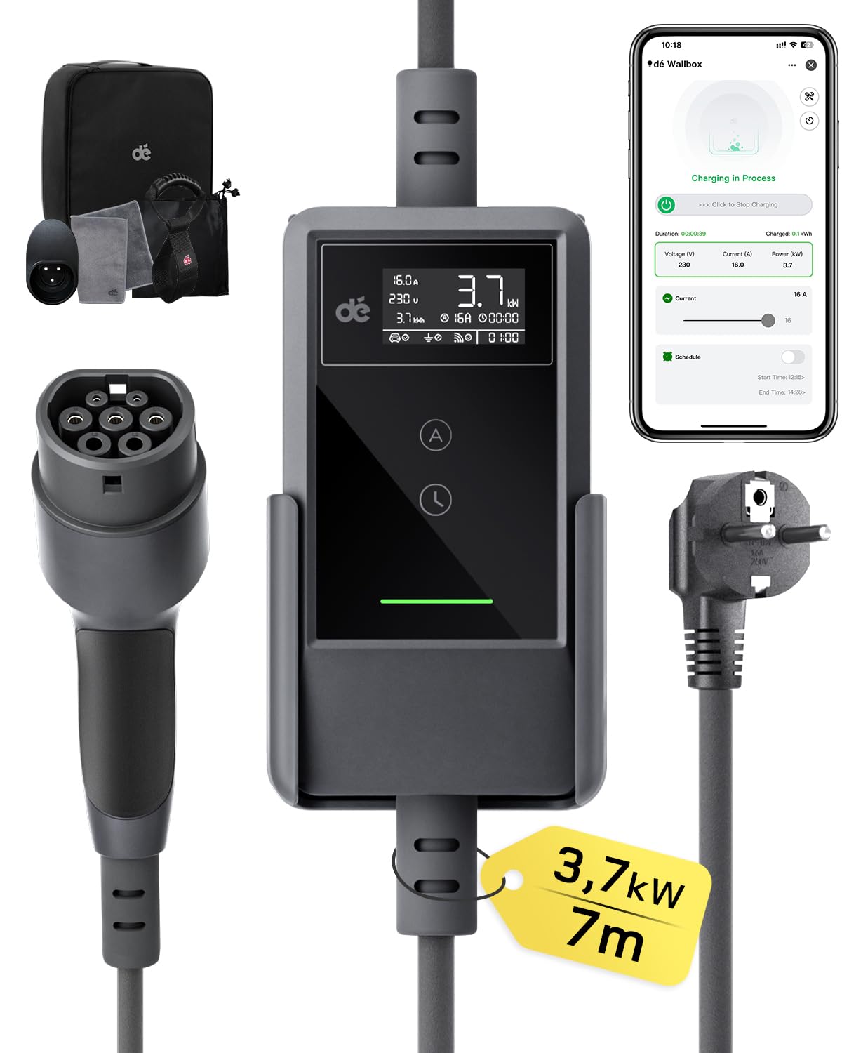 dé Electric Car Charger App 3.7 kW 23 ft 6-16 A Adjustable Type 2 Schuko | Plug 