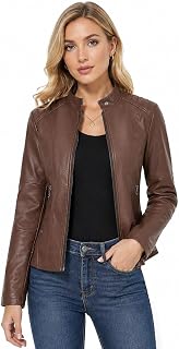 YMADREIG Leather Jacket Women Zip Up Long Sleeve Crop Motorcycle Jackets Slim Fit Stand Up Collared Biker Coat Fall Outfits