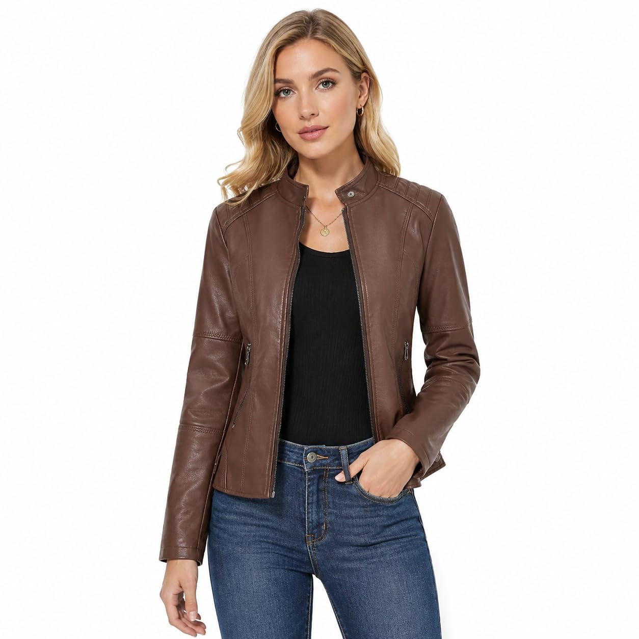 YMADREIG Leather Jacket Women Zip Up Long Sleeve Crop Motorcycle Jackets Slim Fi