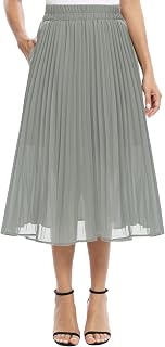 EXCHIC Women's Casual Chiffon Elastic Waist Pleated Midi Skirt with Pocket