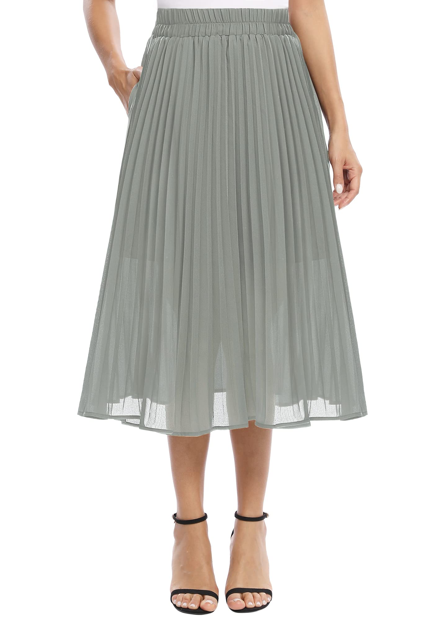 EXCHIC Women's Casual Chiffon Elastic Waist Pleated Midi Skirt with Pocket