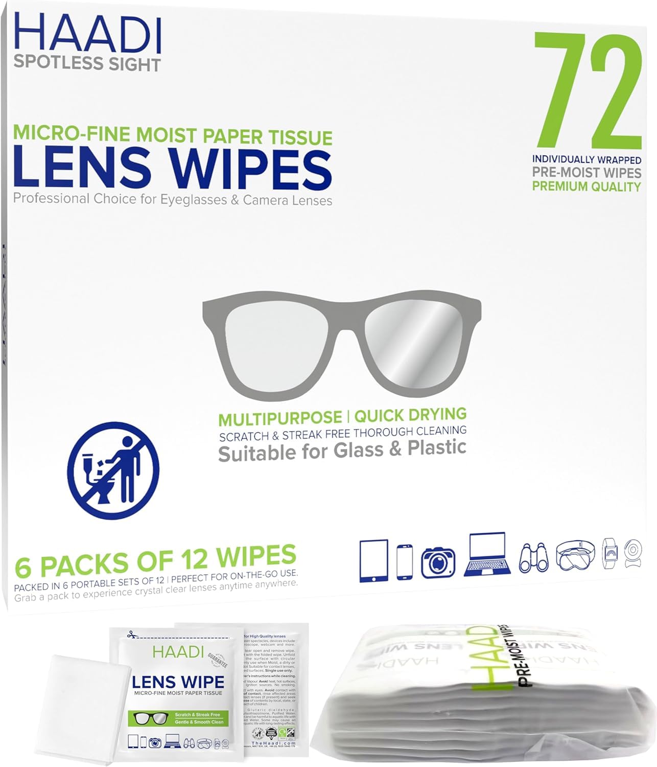 Glasses Cleaner Wipes 72 Individually Wrapped Lens Wipes Multipurpose Suitable f
