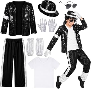 Maooye Pop Super Star Costume 5pcs Set, 80s Retro Black Sequin Jacket Trousers Hat Glove, Stage Outfit Halloween