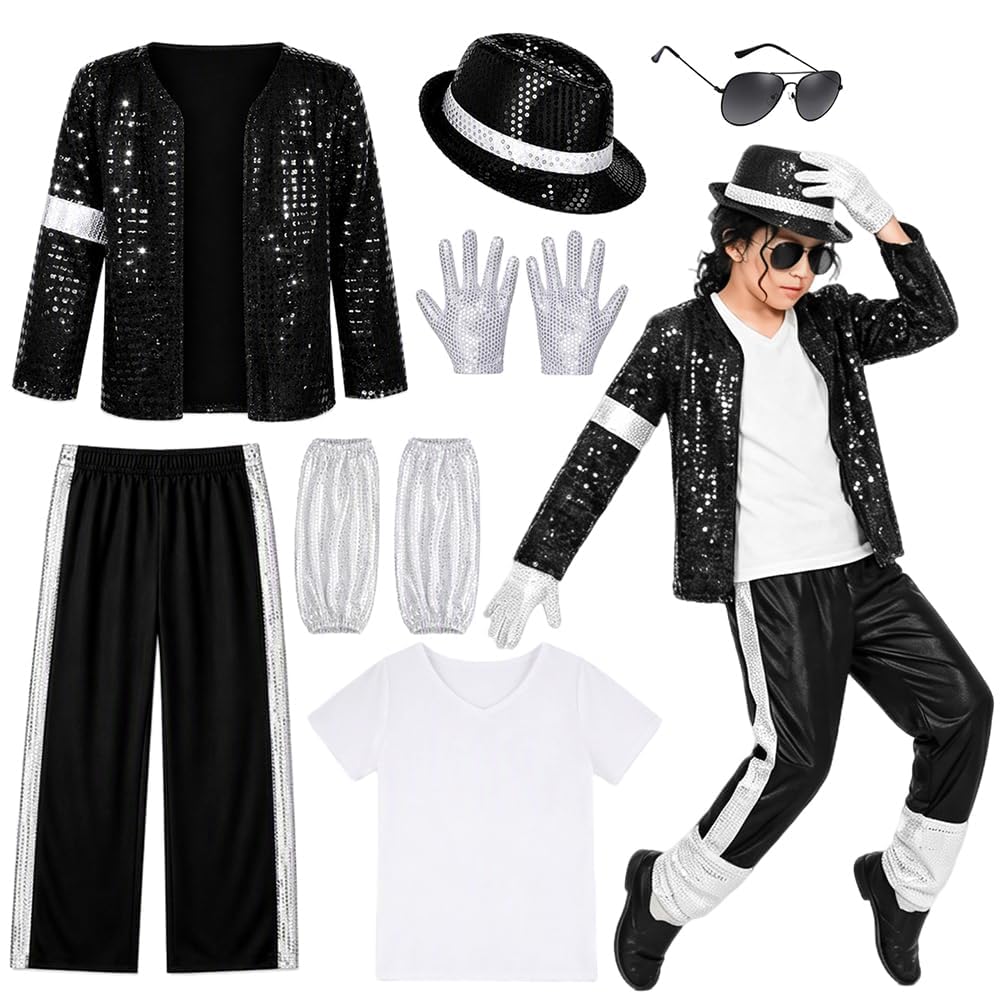 Maooye Pop Super Star Costume 5pcs Set, 80s Retro Black Sequin Jacket Trousers H