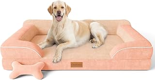 CWAWZ Jumbo Dog Bed for Extra Large Dogs, Orthopedic Dog Bed with Cooling Gel Memory Foam, Waterproof Pet Bed with Removable Washable Cover, 45" Pet Sofa Couch Dutch Velvet with Bone Toy, Peach Pink