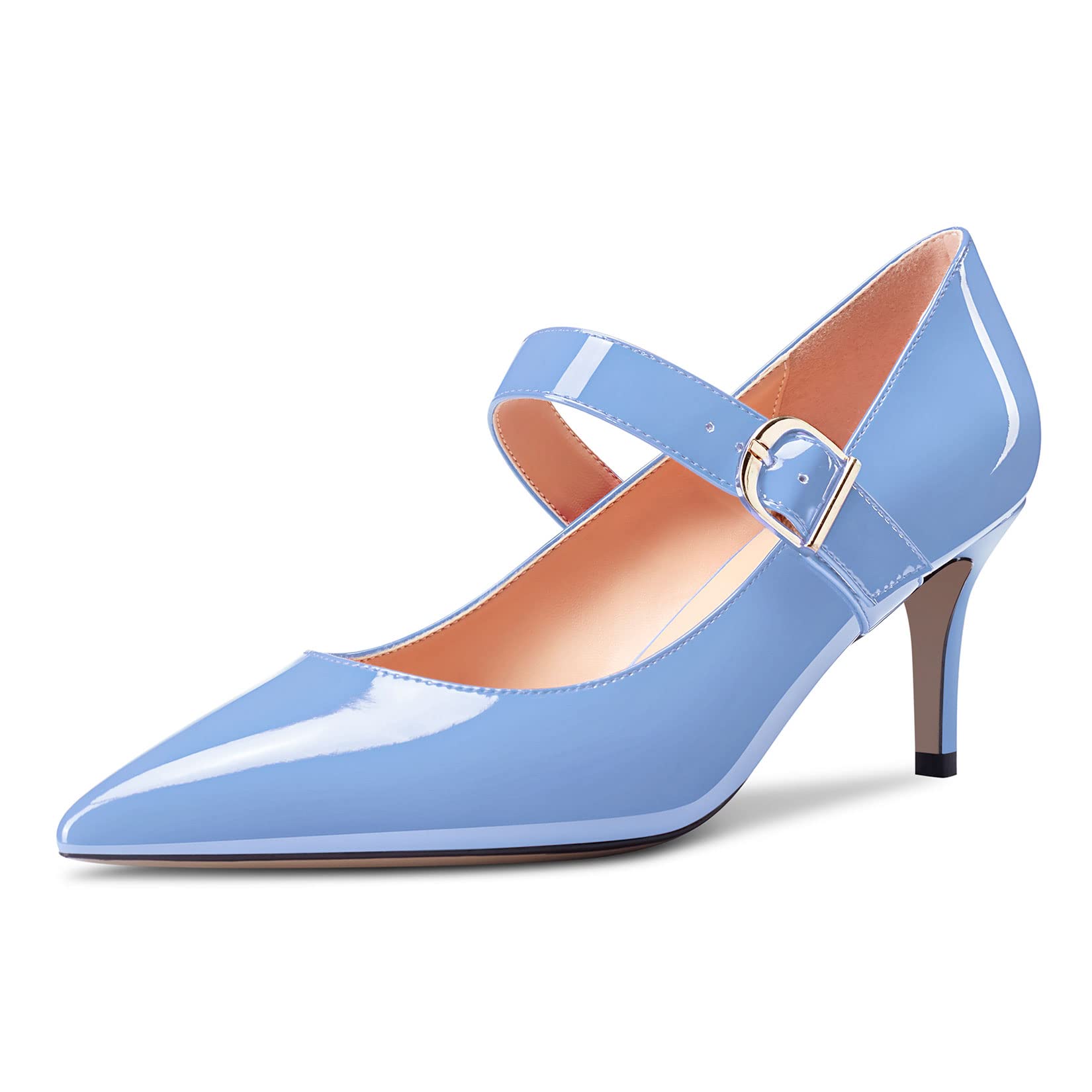 Saekcted Women's Stiletto Mid Kitten Heel Pointed Toe Pumps Mary Jane Slip-on Dr