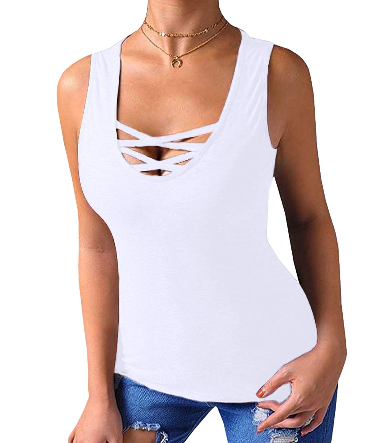 Sarin Mathews Womens Tank Tops Summer Sleeveless Shirts Criss Cross Casual Basic