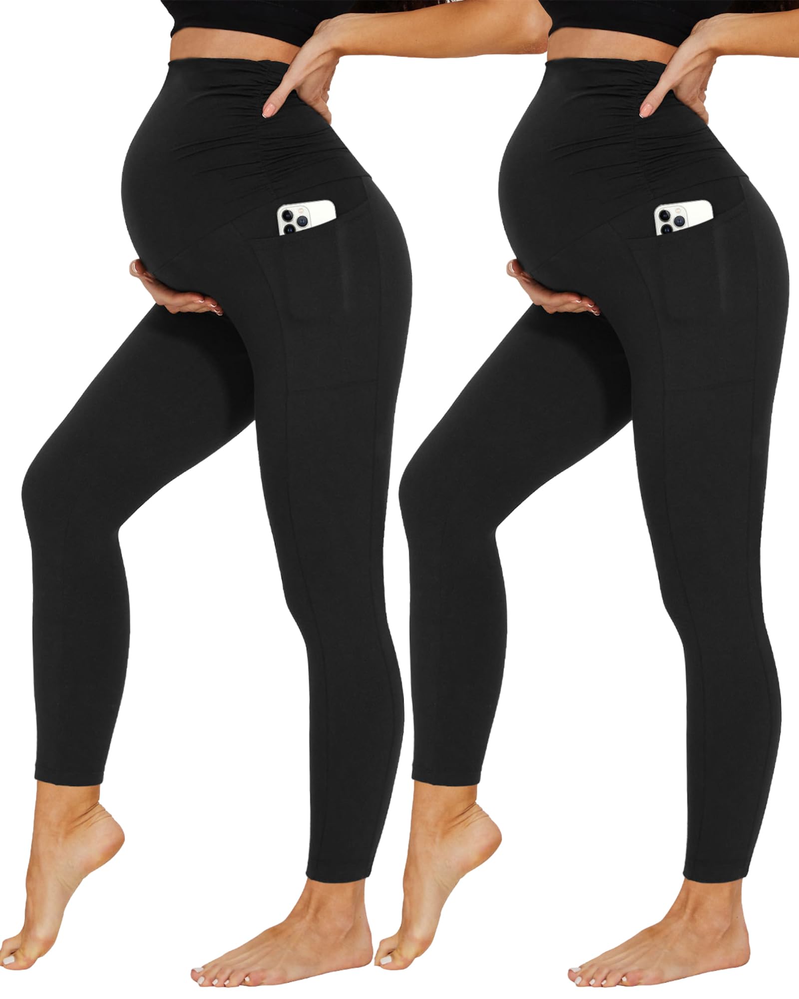 DDOBB 2 Pack Maternity Leggings Over Bump with Pockets | High Waist, Soft Belly Support, Stretchy Pregnancy Pants for Yoga, Workout, Daily Wear, Pyjama