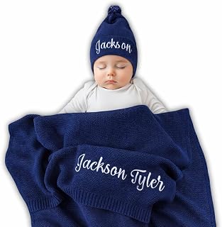 Personalized Baby Blanket, 100% GOTS Organic Certified, Customized Swaddle Blanket with Name, Receiving Blankets for Boys and Girls, Perfect Custom Gifts for Newborns, Kids and Baby Showers Navy