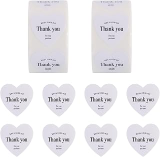 1000 Hearts and Thank You Roll Stickers, 25mm Self Adhesive Paper Tag Stickers, Thank You for Purchasing Small Business Label Packing Bag & Envelopes Decorative Gift, White