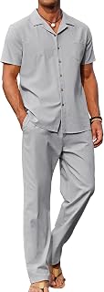 COOFANDY - Conjunto de 2 piezas de lino para hombre, camisa con botones y pantalones holgados informales, Gris claro, Medium