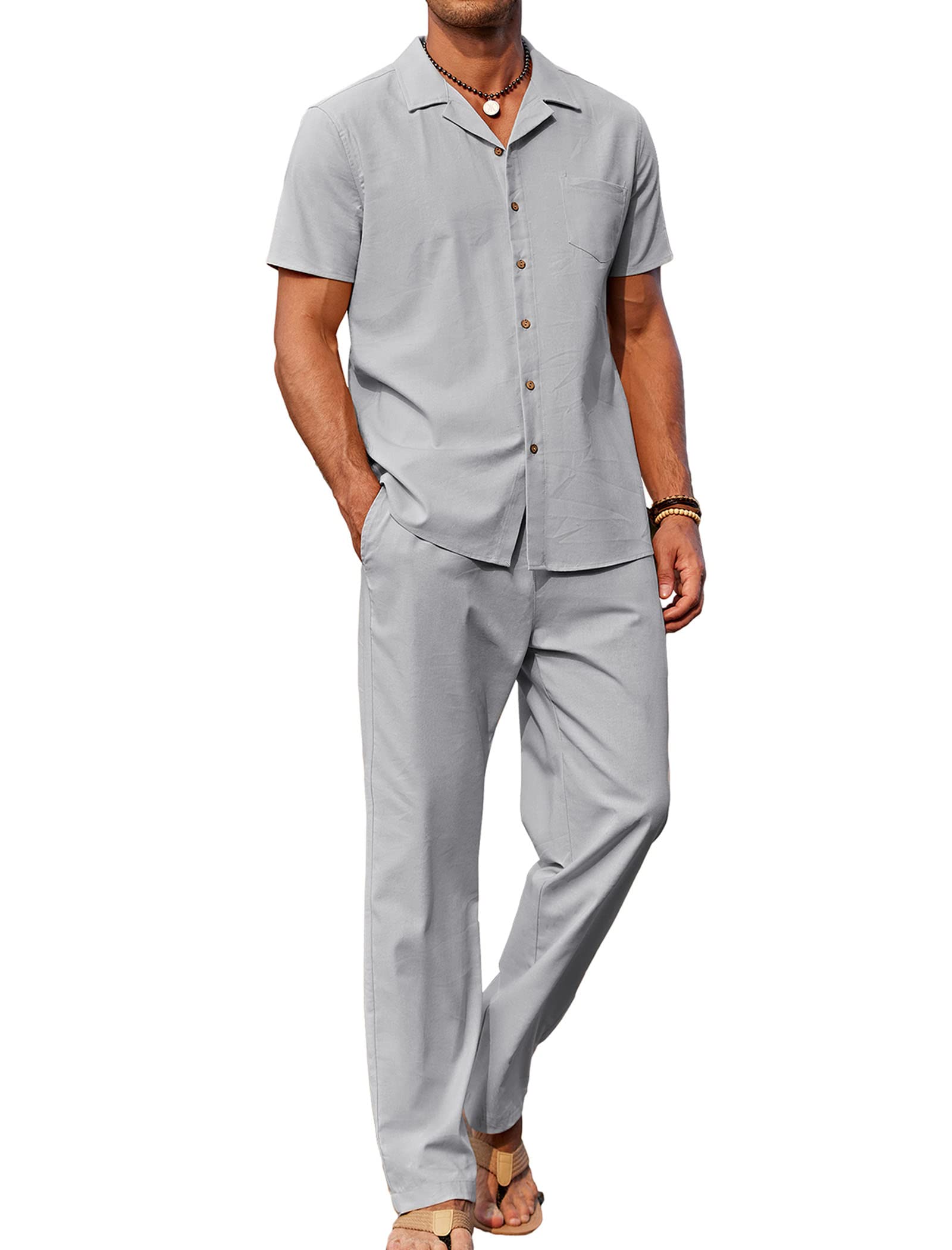 COOFANDY - Conjunto de 2 piezas de lino para hombre, camisa con botones y pantal