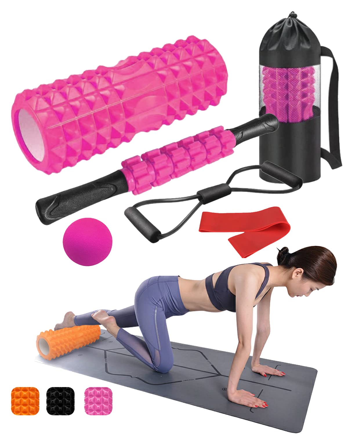 Trigger Point Foam Roller Set: 6-in-1 Kit with Hollow Core Roller, Muscle Stick,