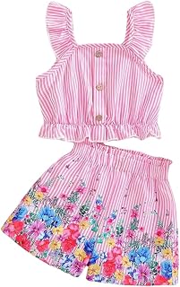Kids Toddler Girls Summer Clothes Button Design Striped Tank Top + Floral-Print Elastic Shorts 2 Piece Outfits