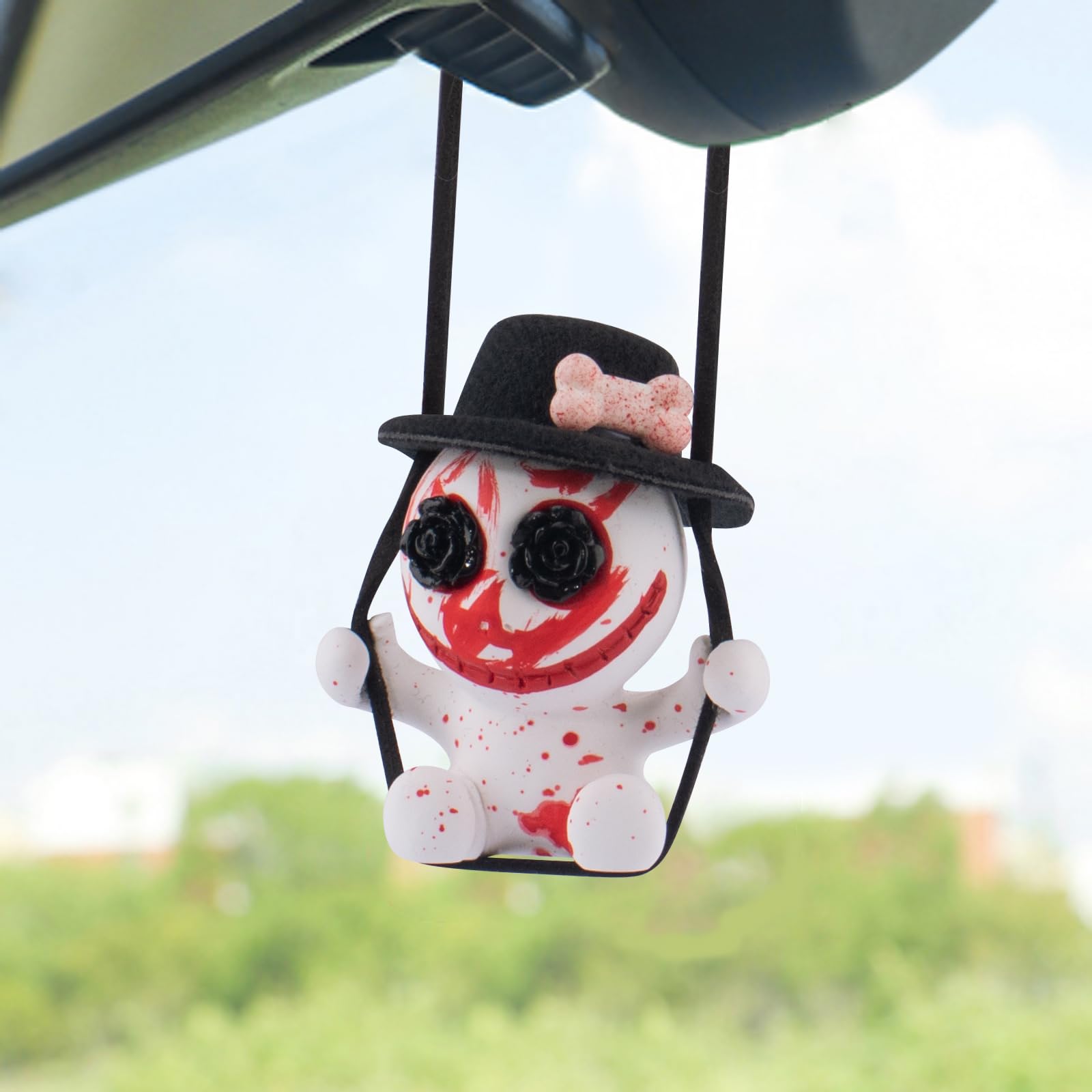 wonuu Car Rear View Mirror Hanging Decoration Swinging Skull, Cool Swing Skeleto