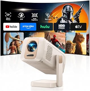 Portable Mini Projector [Smart OS & 4K 1080P Support & 270° Stand ] Outdoor Smart Movie Short Throw Projector Ceiling Projecteur 4K Exterieur with App Control, WiFi 6, Bluetooth 5.4, Auto Keystone