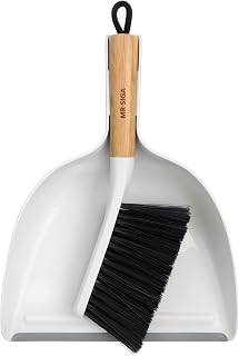 MR.SIGA Dustpan and Brush Set, Bamboo Handle, White, 1 Set | Handheld brush and dustpan combo with hanging loop, small broom and dustpan set