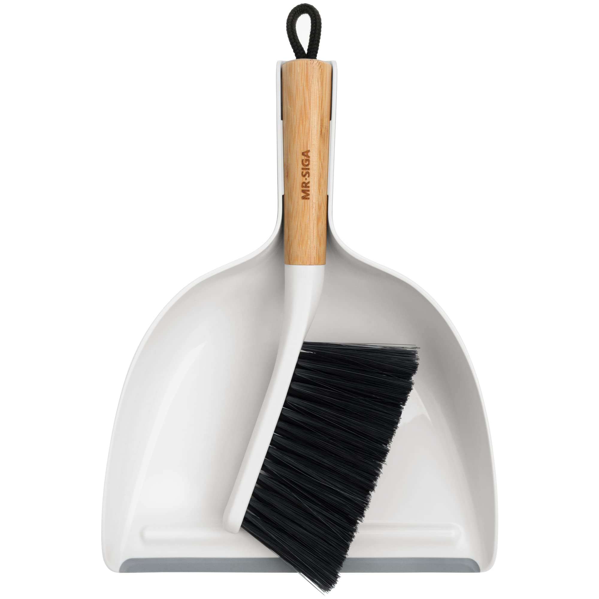 MR.SIGA Dustpan and Brush Set, Bamboo Handle, White, 1 Set | Handheld brush and 