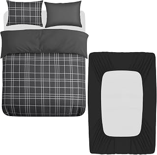 Grace 4 Pcs Double Duvet Set with Matching Black Double Fitted Sheet 40 cm Extra Deep Pocket - UltraSoft Breathable Premium Microfibre Reversible Quilt Cover Bedding Set For All Seasons