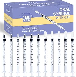 50 Pack 1ml Oral Syringe with Cap, No Needle Liquid Medicine Dropper | Individually Wrapped, Sterile, Luer Slip Tip, 0.02-1.0mL Clear Markings, for Colostrum Collection, Baby & Pet Meds