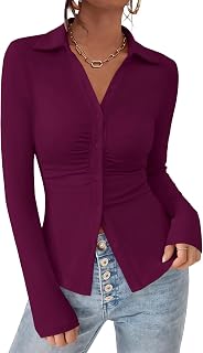 PRETTYGARDEN Womens Button Down Shirts V Neck Collared Ruched Slim Fit Long Sleeve Shirt Casual Fall Fashion Ladies Tops