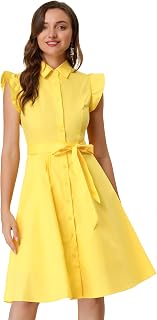 Allegra K Women Casual Office Ruffled Sleeve Button Down Tie Waist Dress