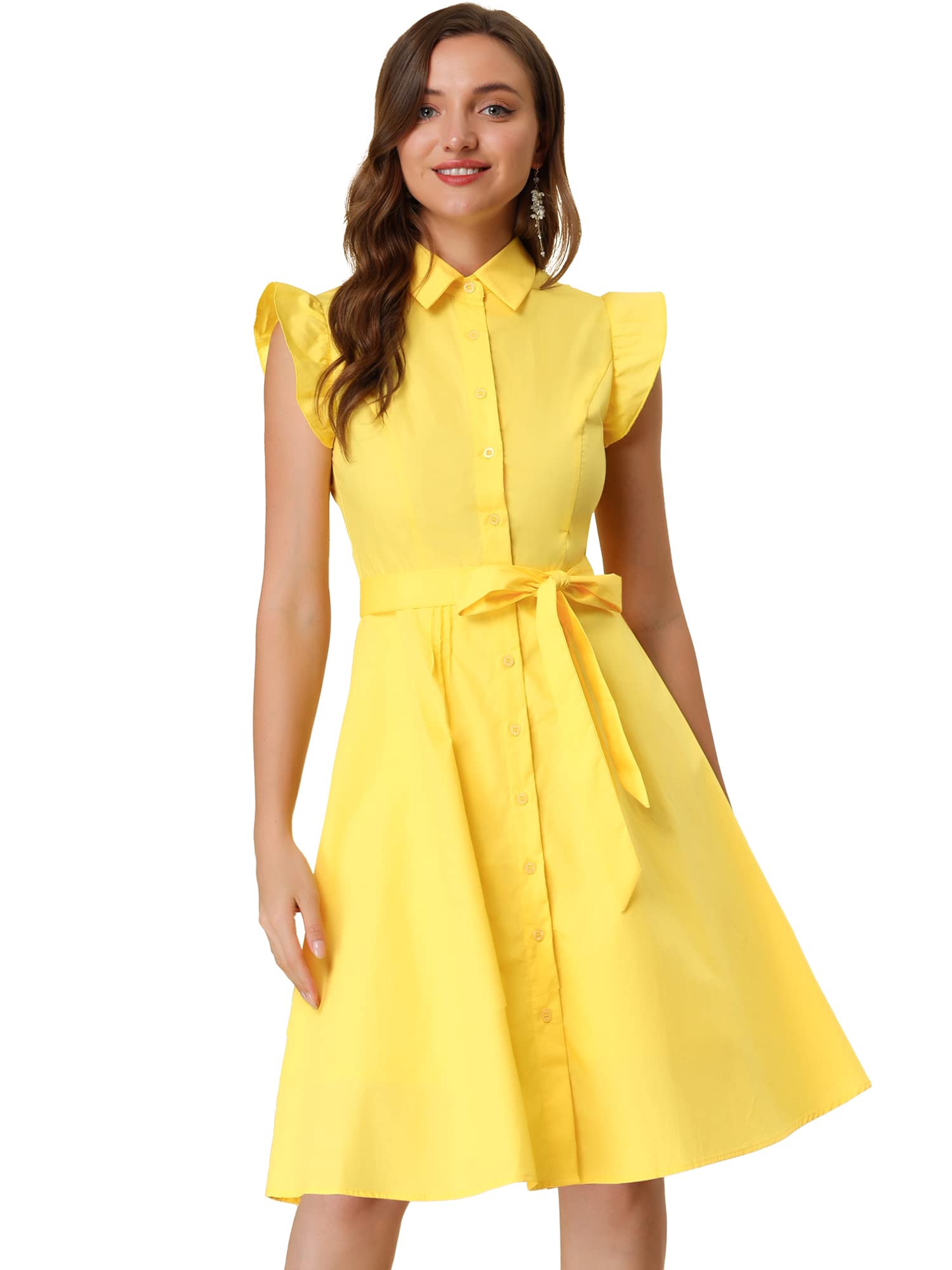 Allegra K Women Casual Office Ruffled Sleeve Button Down Tie Waist Dress