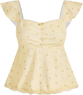 SOLY HUX Women's Floral Print Lace Trim Cap Sleeve Peplum Tee Tops