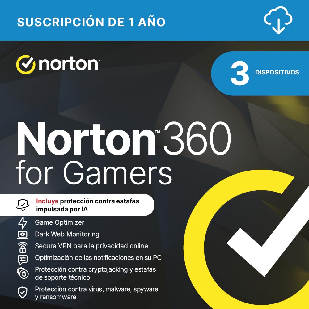 Norton 360 for Gamers 2026 |Antivirus 3 Dispositivos| 1 año| Descarga digital