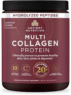 Ancient Nutrition Multi Collagen Protein, Hydrolyzed Peptides, Unflavored | Vitamin C, Probiotics, Grass-Fed Hydrolyzed Collagen, Supports Skin, Hair, Nails, Joints, Gut Health, 40 Servings