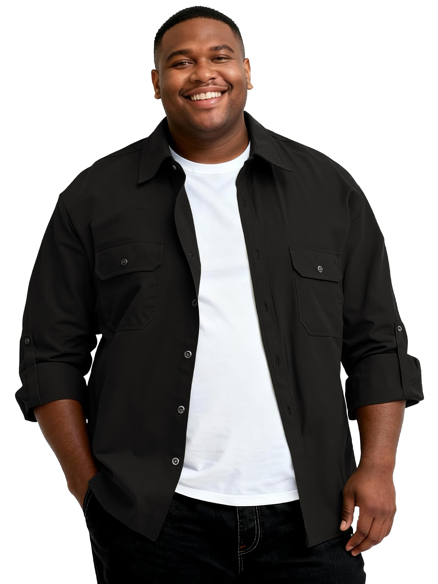 Big and Tall Shirts for Men,Button Down Work Shirt with Roll-Up Sleeves and Util