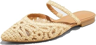 Mesh Mules for Women Comfy Raffia Woven Strap Closed Pointed Toe Mule Flats Casual Slip on Dress Slides Flats