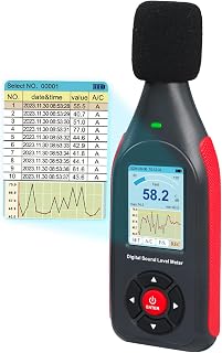 Decibel Meter Data Logger Digital Sound Decibel Meter, Sound Level Meter with 43,000 Data Record & Export, Rechargeable Noise Meter with A/C Frequency&DC Output, 3-Color Alarm, Real Time Measurement