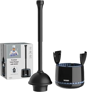 MR.SIGA Toilet Plunger with Holder, Plungers for Bathroom Heavy Duty, Black | Automatic lid design, sturdy long handle, heavy duty toilet plunger and holder set, toilet clog remover