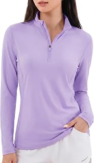 KEFITEVD Women's Long Sleeve T-shirt, Sports, Half Zip, UV Protection, Sweat-Absorbent, Quick Drying, Pullover, UPF 50+, Rash Guard, Thin, Plain, Golf Wear, Top