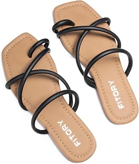 FITORY Women's Slide Sandals Toe Ring Thongs Cross Strappy Flat