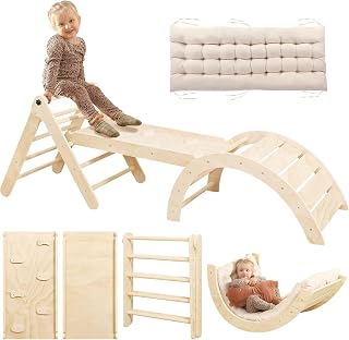 Pikler Triangle Set with Cushion, 7 in 1 Toddler Climbing Toys Indoor | Foldable Space-saving Design, Montessori-inspired Learning, Reversible Slide & Ramp, ASTM F963 Standards for Toddlers 18M-5Y