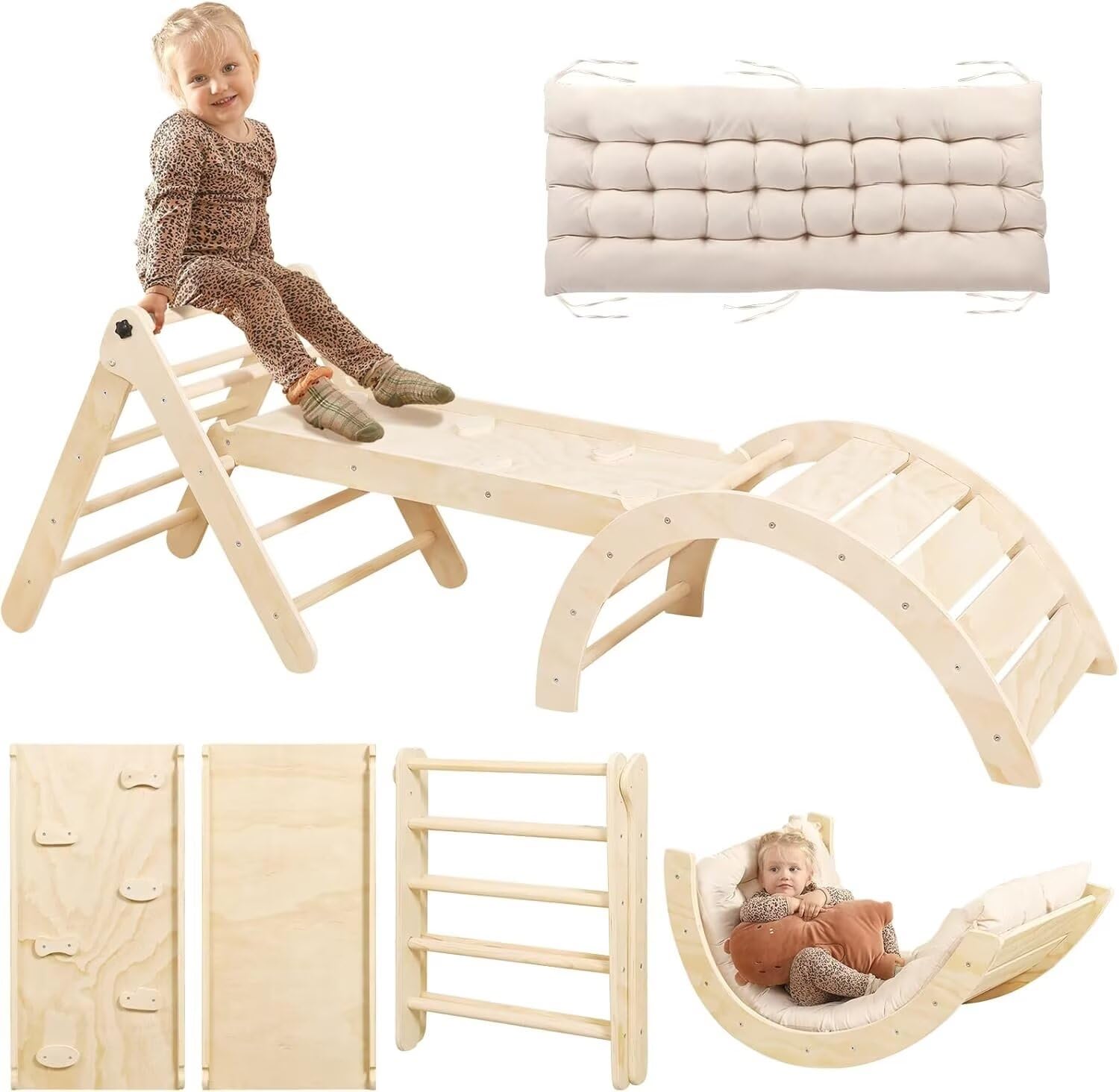 Pikler Triangle Set with Cushion, 7 in 1 Toddler Climbing Toys Indoor | Foldable
